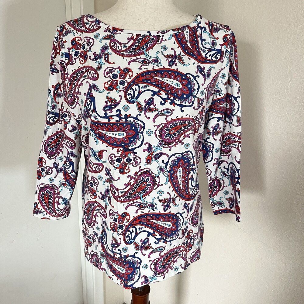 Talbots Womens White Multi Color Floral Scoop Neck 3/4 Sleeve Paisley Sz L